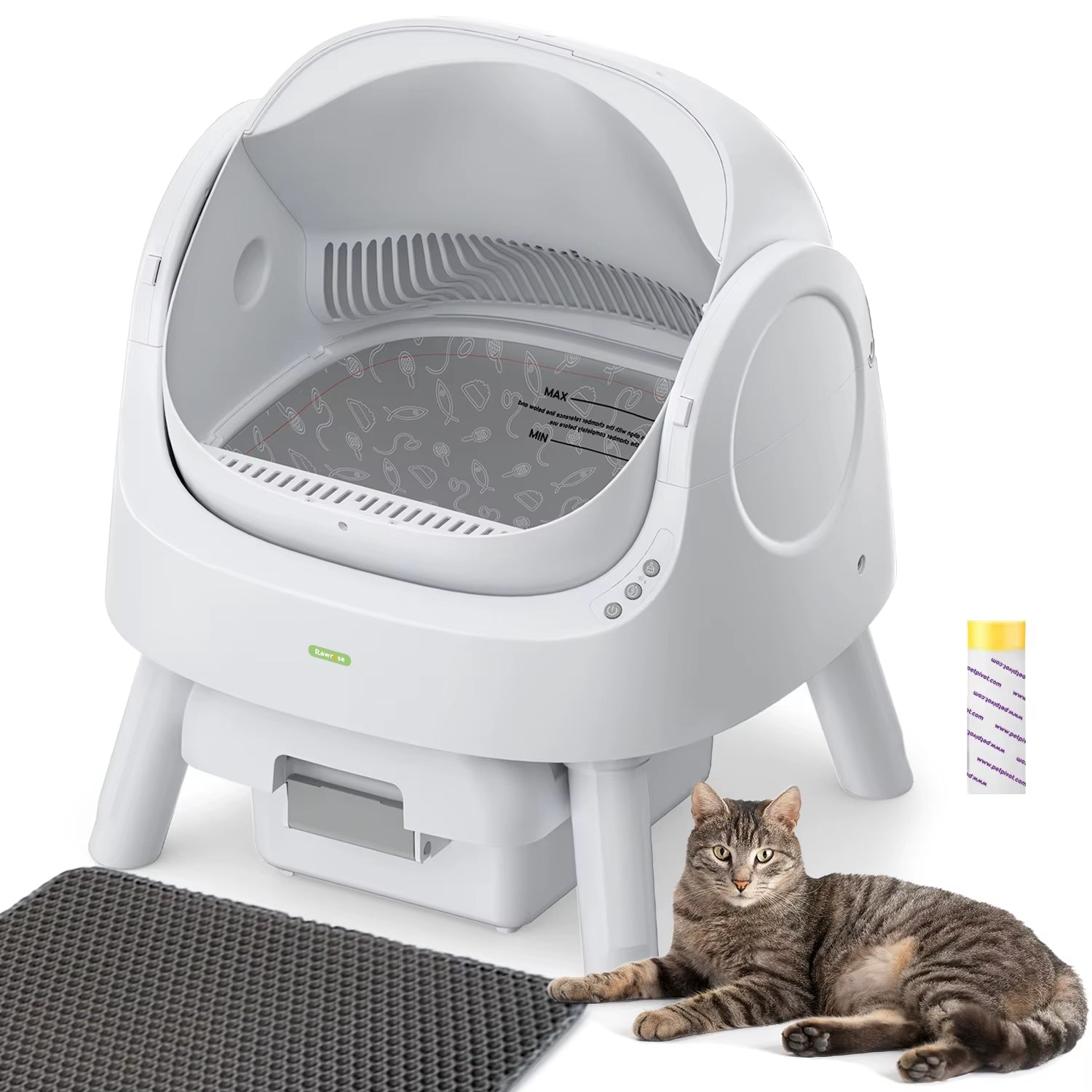 Rawrose Cat-Safe Smart Litter Box - Automatic Open Top Litter Box for Multiple Cats, Includes Mat and Trash Bags, White