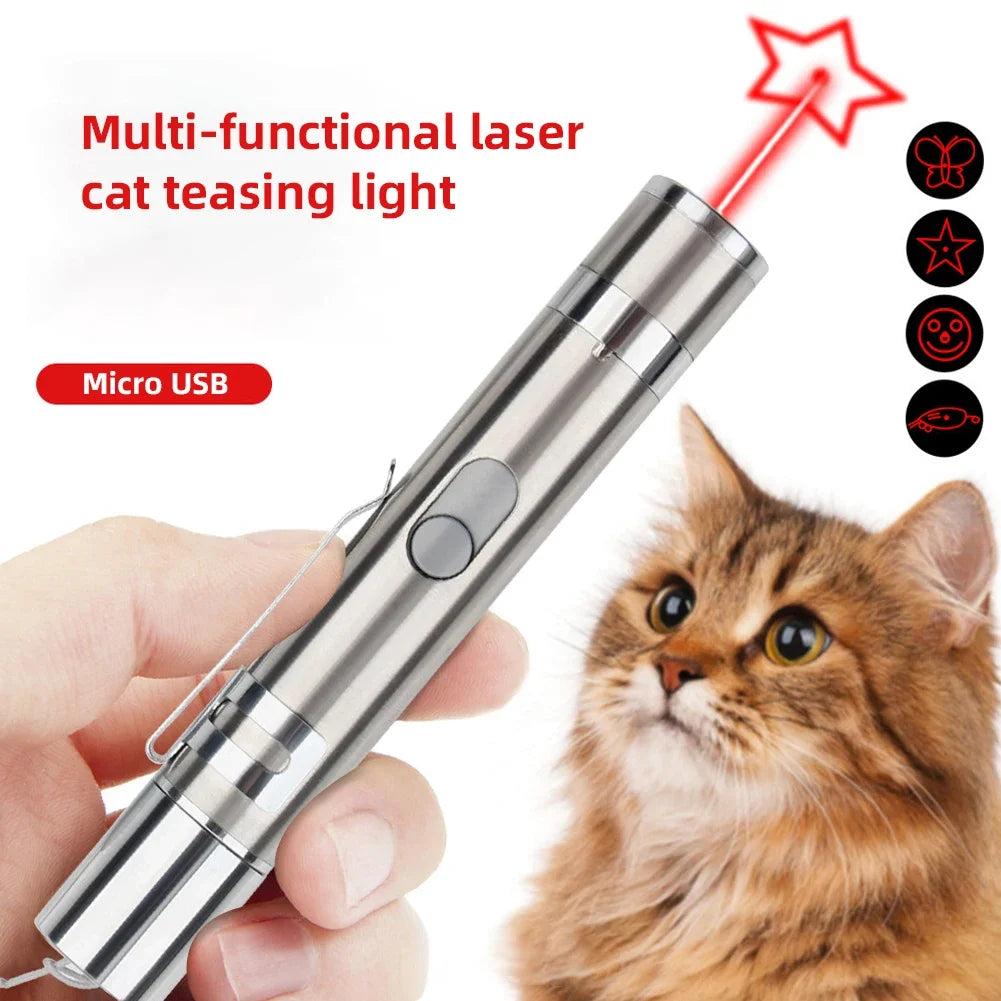 Cat Laser Toy USB Charging LED Light Pointer Rechargeable Torch UV Flashlight Pen 5 Patterns Laser Pen Cat Toys Cat Accessories