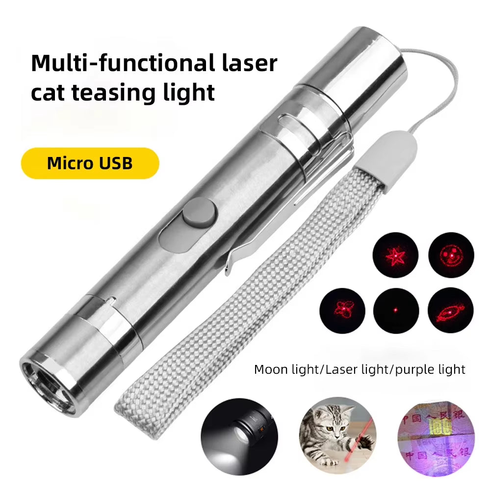 Cat Laser Toy USB Charging LED Light Pointer Rechargeable Torch UV Flashlight Pen 5 Patterns Laser Pen Cat Toys Cat Accessories